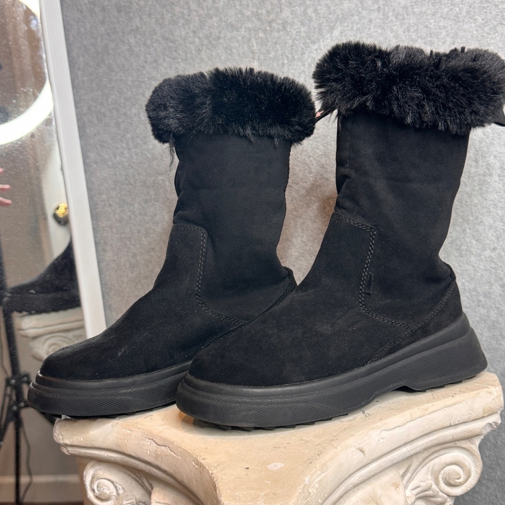 Zara Kids‎ Faux Fur Ankle Booties Black Suede Boots Chunky Platform Size 1Y
